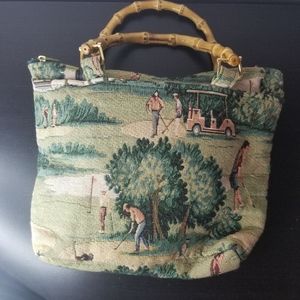 Design by Dee Dee Vintage Golf Tapestry Purse Bag Small bamboo handles